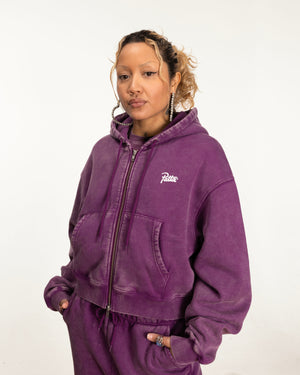 Patta Femme Acid Wash Cropped Zip-Up Hooded Sweater (Dark Purple )
