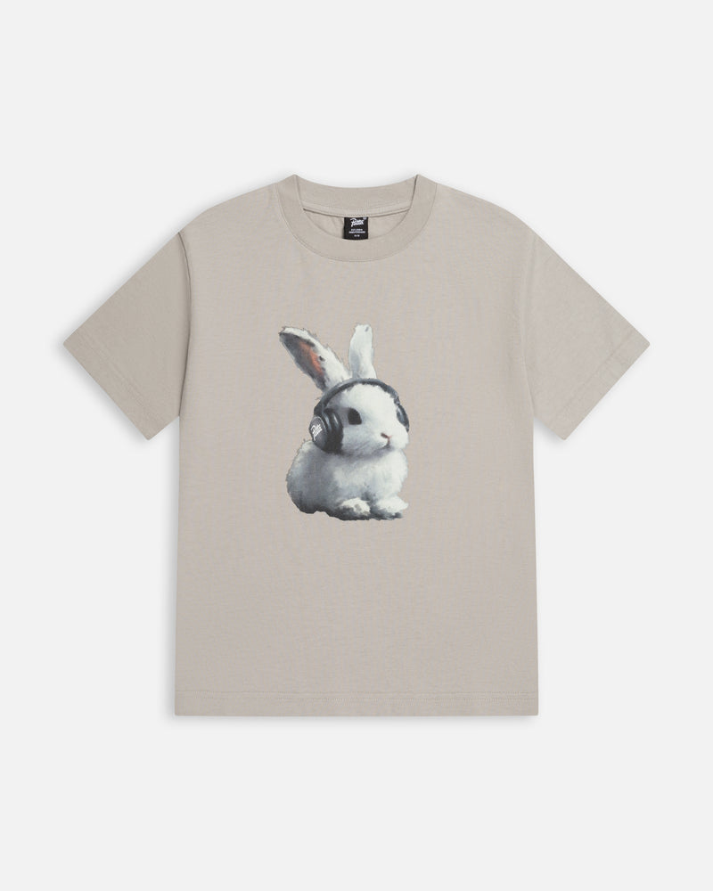 Patta Kids Bunny T-Shirt in Flint Gray featuring a graphic print of a bunny wearing headphones.