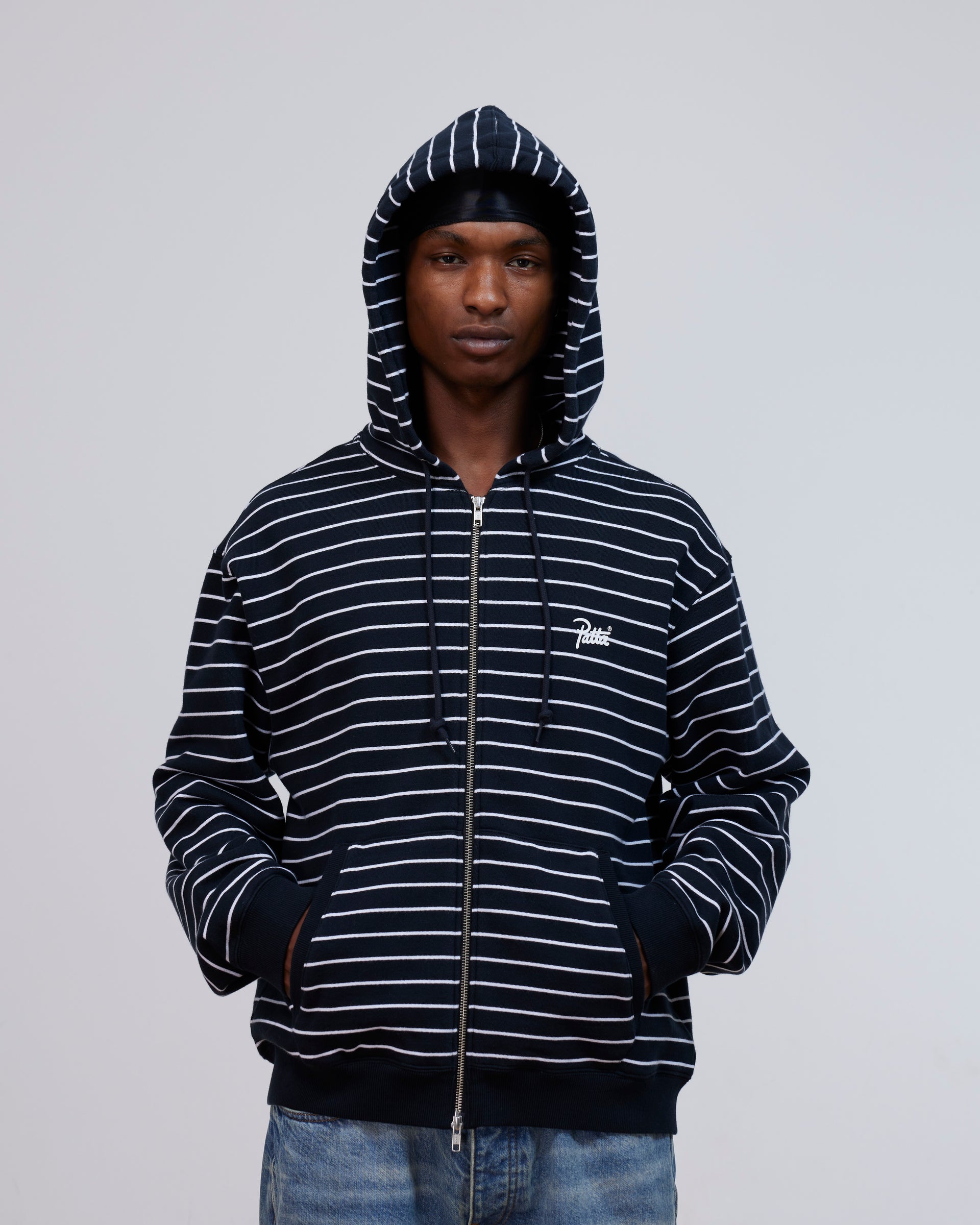 Patta Striped Zip Up Hooded Sweater (Black Iris)