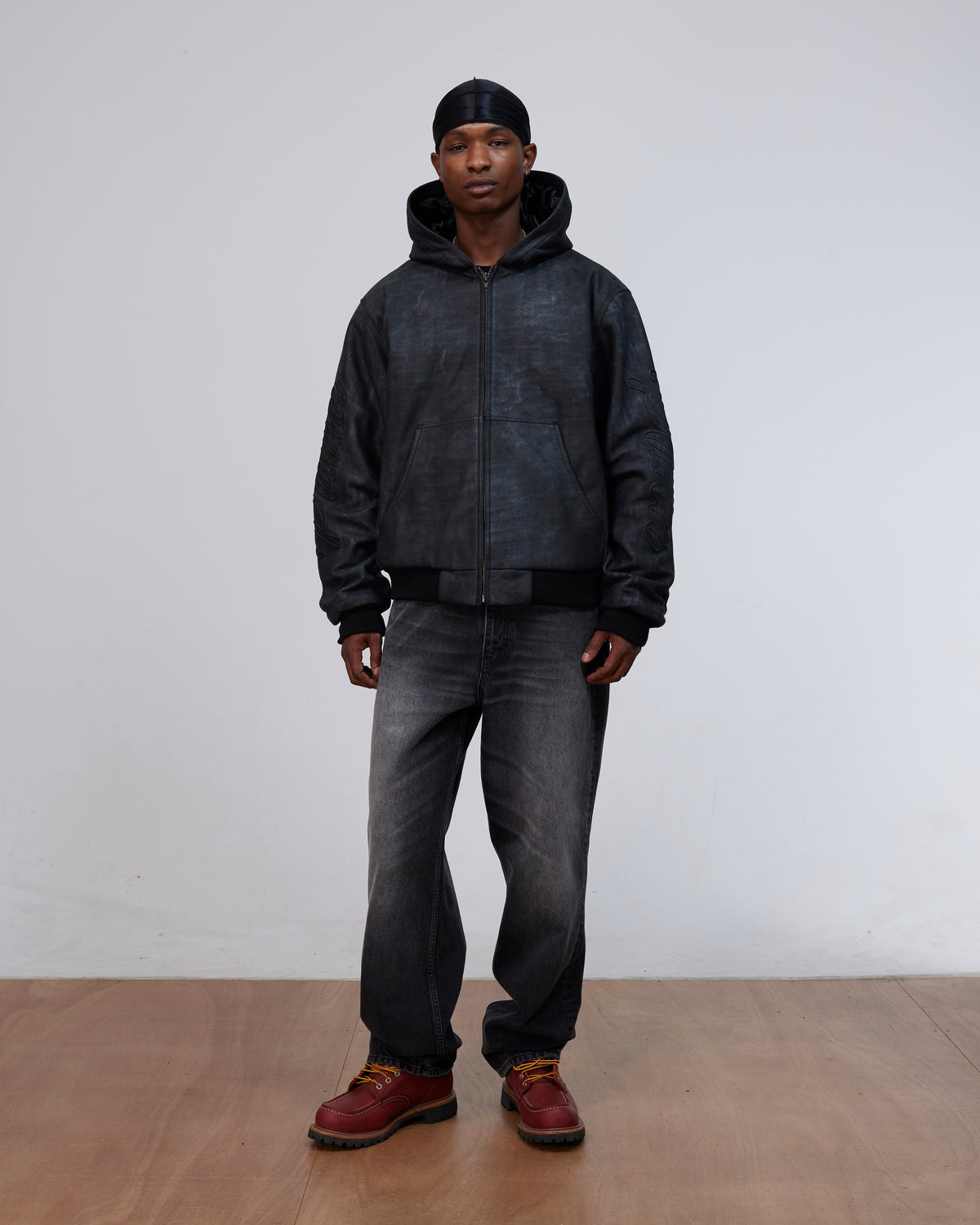 Patta Leather Hooded Bomber Jacket (Black)